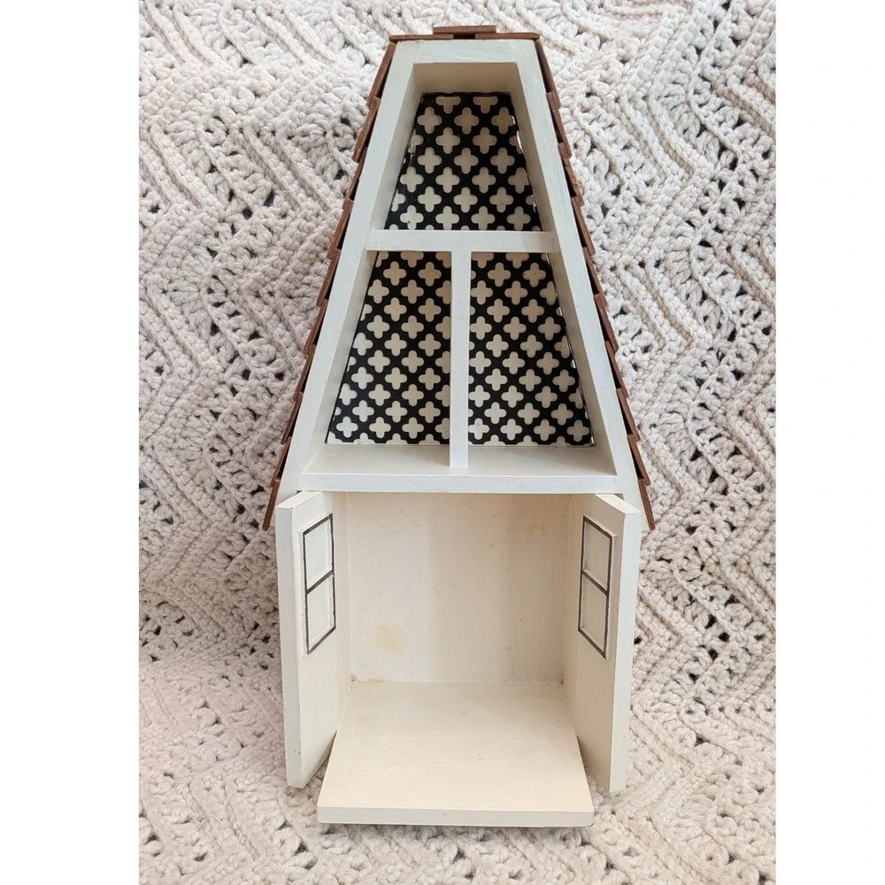 Handmade Wooden A-Frame House Shadow Box Wall Shelf Shingle Roof Cream 15in